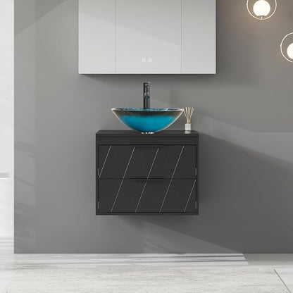 eclife 24" Floating Bathroom Vanities with Sink Combo, Wall Mounted Modern Cabinet W/Diamond Line Pattern Design, Turquoise Square Glass Vessel Sink W/Water Save Faucet & Pop Up Drain, Black