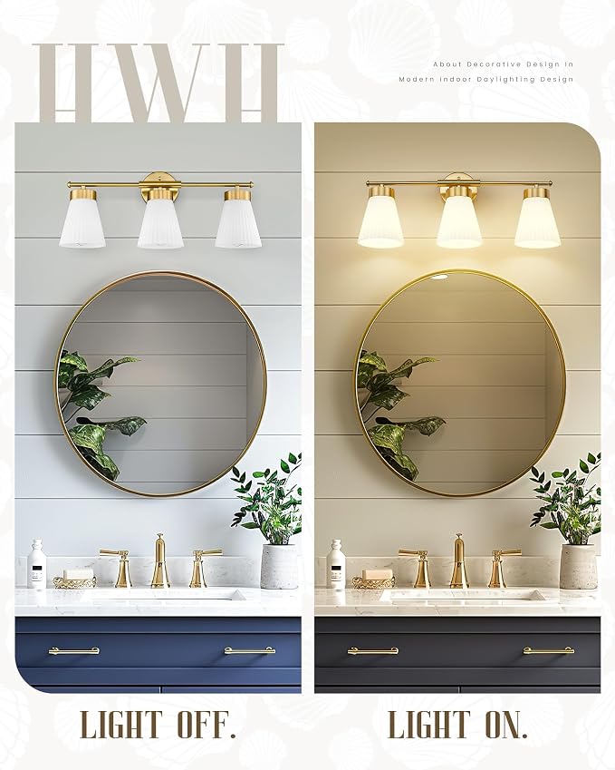 Bathroom Light Fixture, HWH 3-Light Brushed Gold Vanity Lights for Bathroom Modern Vanity Sconce Lighting Over Mirror, Wall Lamp with Frosted White Striped Glass, 5HZG97B-3W BG