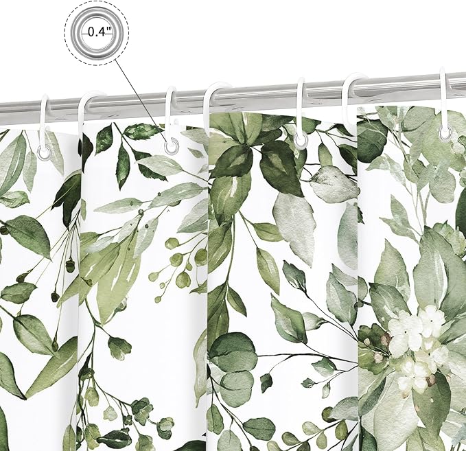 Olive Green Eucalyptus Shower Curtain, Floral Print, 54x72 | Watercolor Plant Leaves Floral Print, Stall Waterproof Fabric Bathroom Decor, Machine Washable, Rustproof Grommets