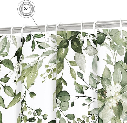 Olive Green Eucalyptus Shower Curtain, Floral Print, 72x84 | Watercolor Plant Leaves Floral Print, Extra Long Waterproof Fabric Bathroom Decor, Machine Washable, Rustproof Grommets