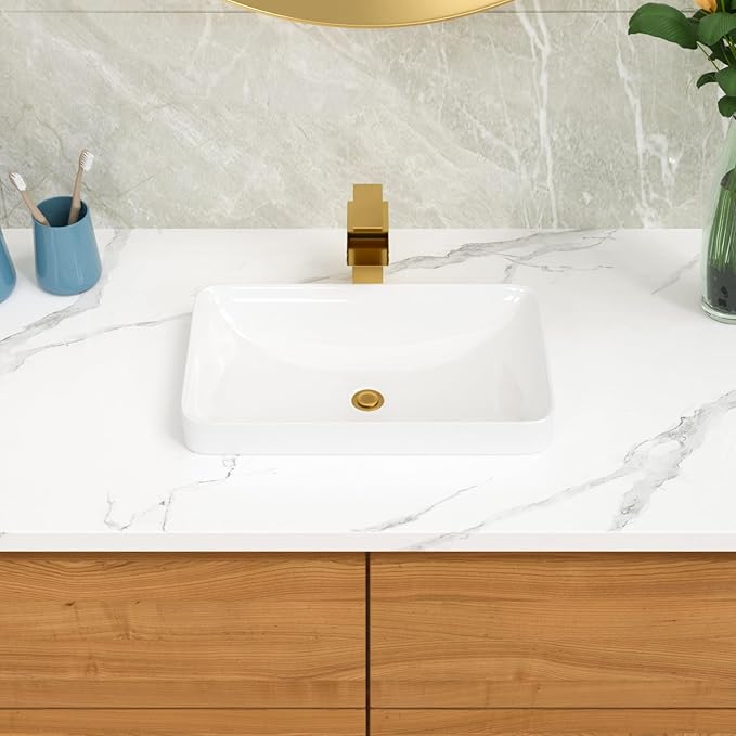 Lordear Vessel Sink Bathroom Semi Recessed Sink 19 x 12 Inch Rectangular White Ceramic Vessel Sink Modern Vanity Sink Bath Wash Sinks Bowl Above Counter Basin