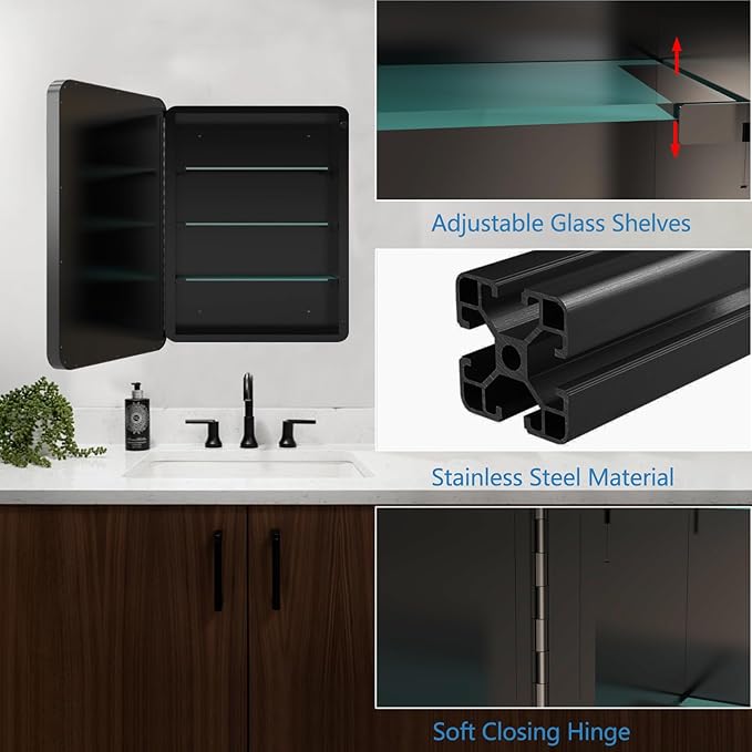 20x20 Inch Medicine Cabinet with Mirror Modern Design Farmhouse Bathroom Storage Cabinet for Bathroom Kitchen Laundry Room, Black