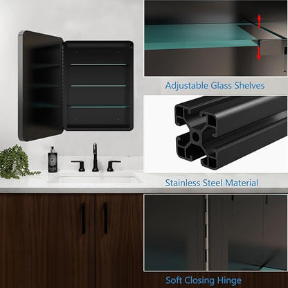 20x20 Inch Medicine Cabinet with Mirror Modern Design Farmhouse Bathroom Storage Cabinet for Bathroom Kitchen Laundry Room, Black