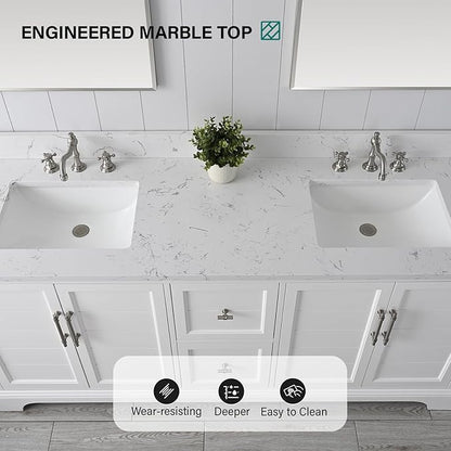 HOMEBEYOND 72 Inch Bathroom Vanity with Double Sink & Ceramic Top, Vanity Cabinet with Center Countertop Basin, Soft-Closing Doors, Backsplash, White