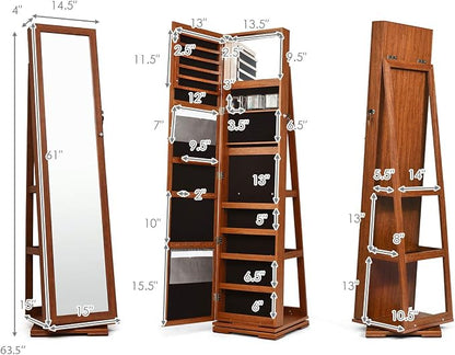 CHARMAID 360° Swivel Jewelry Armoire with Higher Full Length Mirror, Standing Lockable Jewelry Cabinet Organizer with Large Storage Capacity, Inside Makeup Mirror, Back Storage Shelves (Walnut)