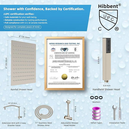 Hibbent All Metal CUPC Certified 8'' Rainfall Shower Head, Dual Shower Head Combo, High Pressure Handheld 4 Sprays Shower Wand, 16'' Adjustable Extension Arm, 71'' Hose, Shower Holder, Brushed Nickel