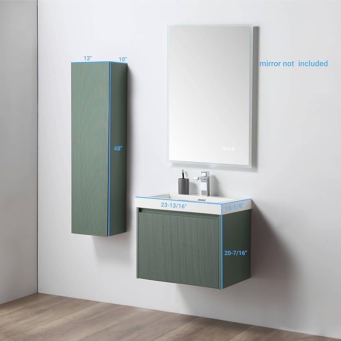 Blossom 24 Inch Bathroom Vanity with Sink and Side Cabinet, All Wood Floating Bathroom Vanity with Acrylic Sink, Bathroom Sink Cabinet with Soft-Close Drawer, Modern Style Vanities, Aventurine Green