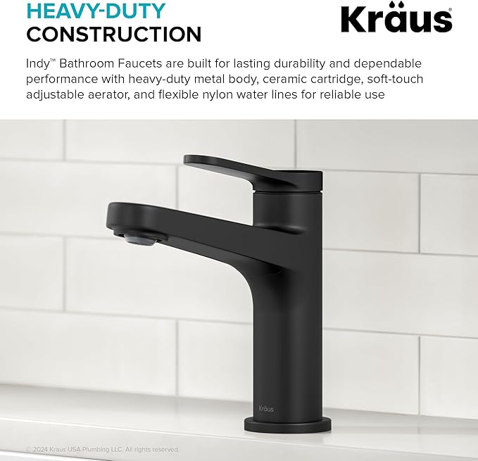 KRAUS Indy Bathroom Faucet in Matte Black with Single Handle, Pop Up Drain and Supply Lines, KBF-1411MB