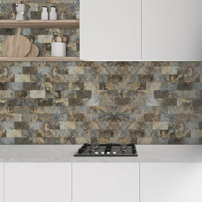 AULIGET 100-Piece Beige & Brown Slate Peel and Stick Backsplash Wall Tiles, 3" x 6" PVC Faux Stone Stick on Tile for Backsplash Kitchen, Bathroom, Laundry Room, Camper, Fireplace