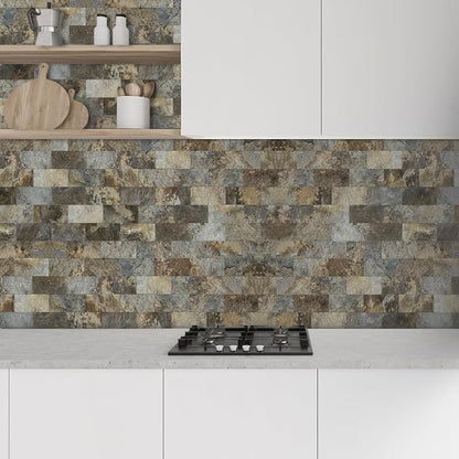 AULIGET 100-Piece Beige & Brown Slate Peel and Stick Backsplash Wall Tiles, 3" x 6" PVC Faux Stone Stick on Tile for Backsplash Kitchen, Bathroom, Laundry Room, Camper, Fireplace