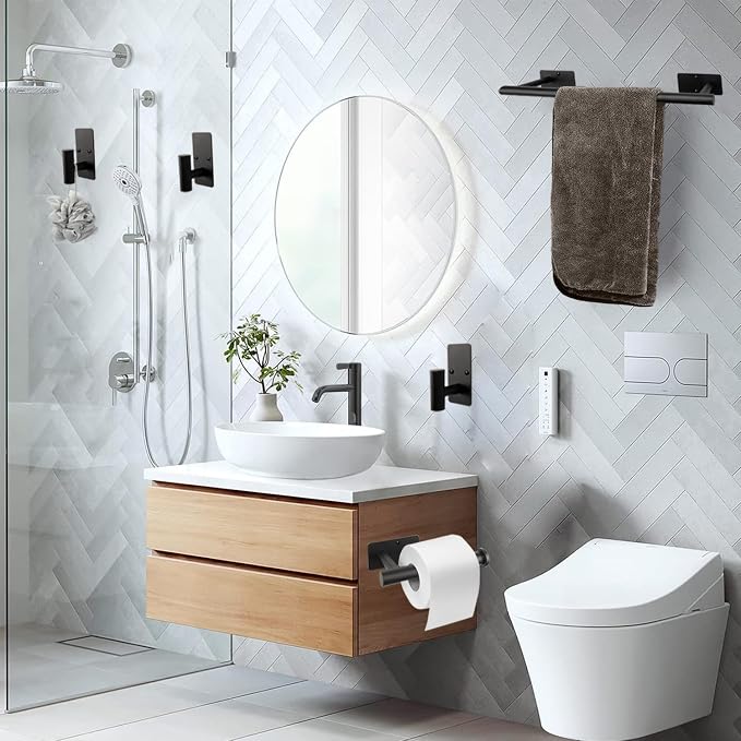 5 PCS Self Adhesive Bathroom Hardware Set, Stainless Steel Towel Rack Set Include 16In Bath Towel Bar+Toilet Paper Holder+3 Towel/Robe Hooks No Drill Bathroom Accessory Kit(Matte Black)