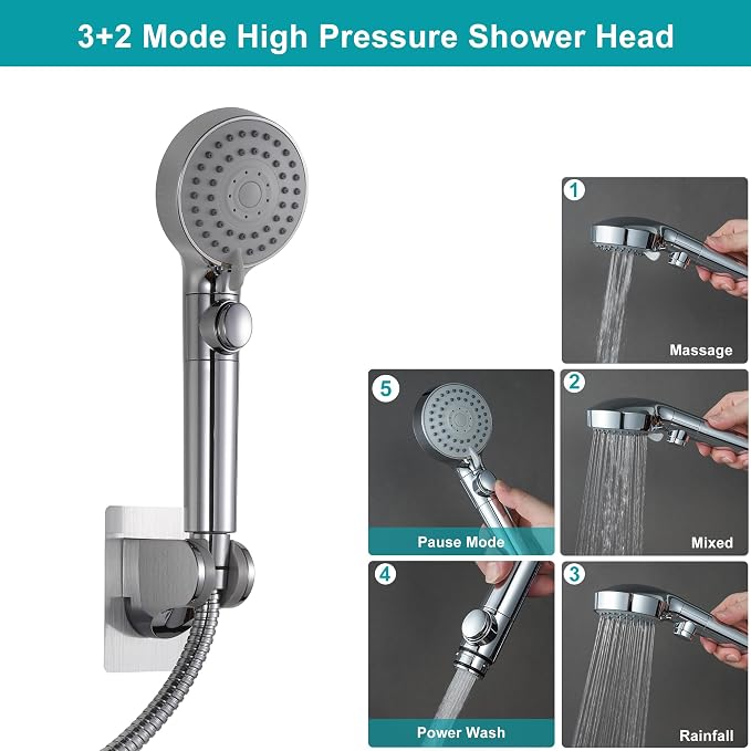 GwernKB Handheld Shower Head with Hose and On Off Switch,Water Saving | 3 Mode High Pressure Spray,for RV Camper,Bathroom,No Drilling Wall Mount Adhesive Shower Holder,Hose Guide Ring,Silver