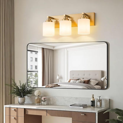 Vanity Lights for Bathroom, 3-Light Brushed Gold Bathroom Vanity Light Over Mirror with Milky White Glass Shades, Modern Bathroom Light Fixtures for Living Room Hallway Cabinet (Bulbs Not Included)