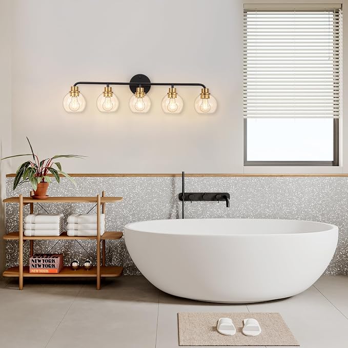 5 Light Bathroom Vanity Light, Black and Gold Bathroom Light Fixtures | with Clear Glass Shade Modern Wall Sconces Lighting Bath Wall Lights Lamp for Mirror Kitchen Living Room Bedroom Hallway