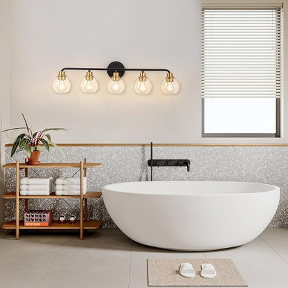 5 Light Bathroom Vanity Light, Black and Gold Bathroom Light Fixtures | with Clear Glass Shade Modern Wall Sconces Lighting Bath Wall Lights Lamp for Mirror Kitchen Living Room Bedroom Hallway