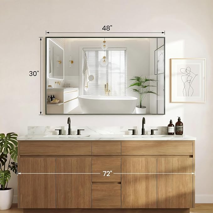 Sweetcrispy Bathroom Mirror, 30" x 48" Rectangle Wall Mount Mirrors | Modern Vanity Mirror with Tempered Glass, Metal Frame, for Home Decor, Anti-Rust, Black