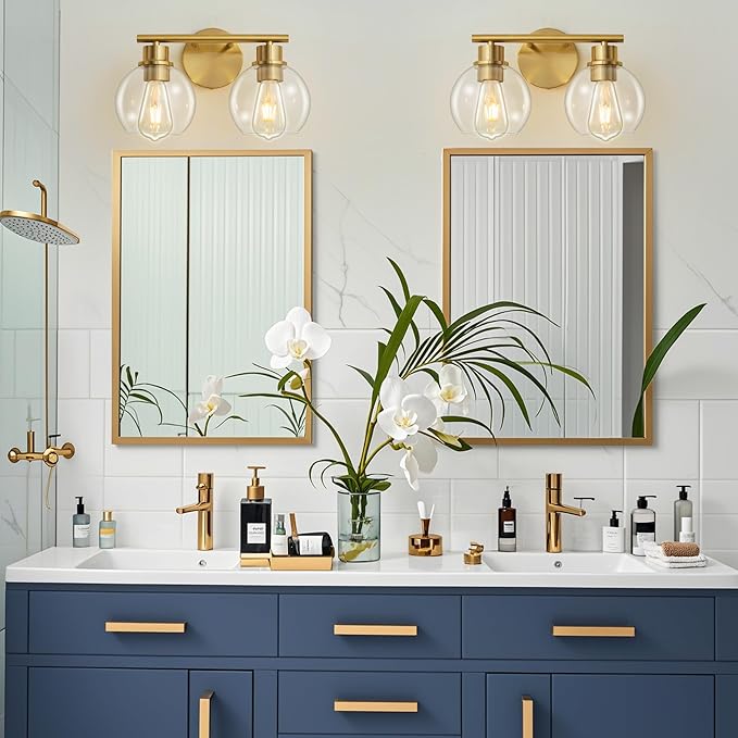 Bathroom Light Fixtures Over Mirror 2-Lights Bathroom Vanity Light with Clear Glass Shade 13.8 inch Gold Wall Sconce Brushed Brass Vanity Lighting Bathroom Light for Bath