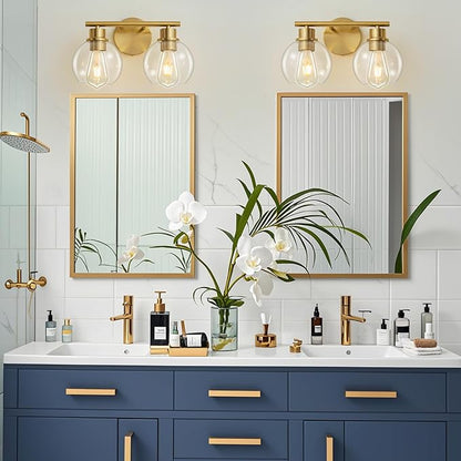 Bathroom Light Fixtures Over Mirror 2-Lights Bathroom Vanity Light with Clear Glass Shade 13.8 inch Gold Wall Sconce Brushed Brass Vanity Lighting Bathroom Light for Bath