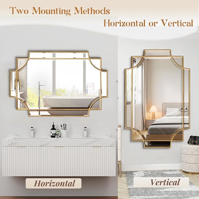 Gold Mirror for Wall, 32"x48" Large Decorative Mirrors for Wall Decor, Polished Bevelled Full Length Long Mirror for Living Room, Bathroom, Bedroom, Entryway