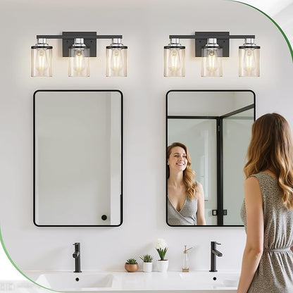 DORESshop 17 Inch Bathroom Light Fixtures, 3-Light Black and Chrome Bathroom Lighting Fixtures Over Mirror with Clear Glass Shade, Vanity Lights for Living Room Bedroom