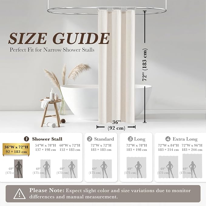 Seasonwood Cream Linen Shower Curtain Farmhouse Bathroom Decor 36x72 Inches | Boho Bathroom Decor,12 Sturdy Stainless Steel Sliding Hangers,Rustic Country Style,Linen Shower Curtains for Bathroom