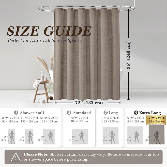 Greige Linen Shower Curtain Farmhouse Bathroom Decor 72x96 Inches | Boho Bathroom Decor,12 Sturdy Stainless Steel Sliding Hangers,Rustic Country Style,Linen Shower Curtains for Bathroom