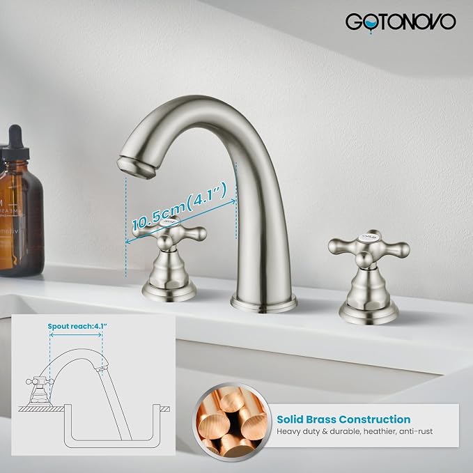 gotonovo Widespread Bathroom Sink Faucet 3 Hole Brushed Nickel,H&C Label | Vintage 8’’ Bathroom Faucet,2 Cross Handle,6-16’’ Sink,Vanity,RV,Farmhouse,SUS304,24’’ cUPC Hose,Pop Up Drain,Deck Mount