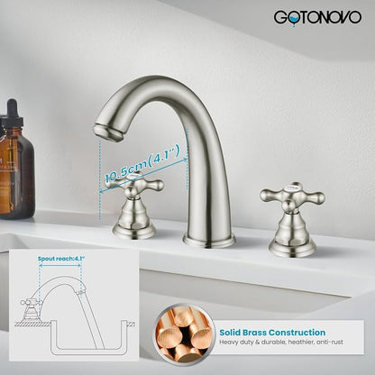 gotonovo Widespread Bathroom Sink Faucet 3 Hole Brushed Nickel,H&C Label | Vintage 8’’ Bathroom Faucet,2 Cross Handle,6-16’’ Sink,Vanity,RV,Farmhouse,SUS304,24’’ cUPC Hose,Pop Up Drain,Deck Mount