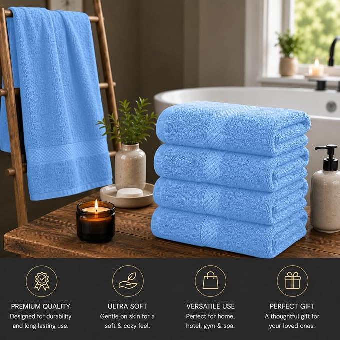 DAN RIVER 600 GSM Cotton Large Bath Towels Set of 4, 27 x 54 Inches, M-Blue | Larger & Lighter Weight Towels for Bathroom - Highly Absorbent & Quick Dry 100% Cotton Bath Towel Set for Home, Spa & Hotel