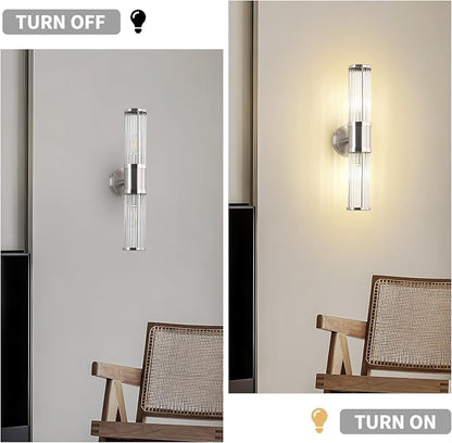 Dual Sconce Vanity Set of 2, Brushed Nickel Wall Light with Clear Glass Rods Shape, Industrial Vanity Lighting for Bathroom Mirror and Modern Bedroom