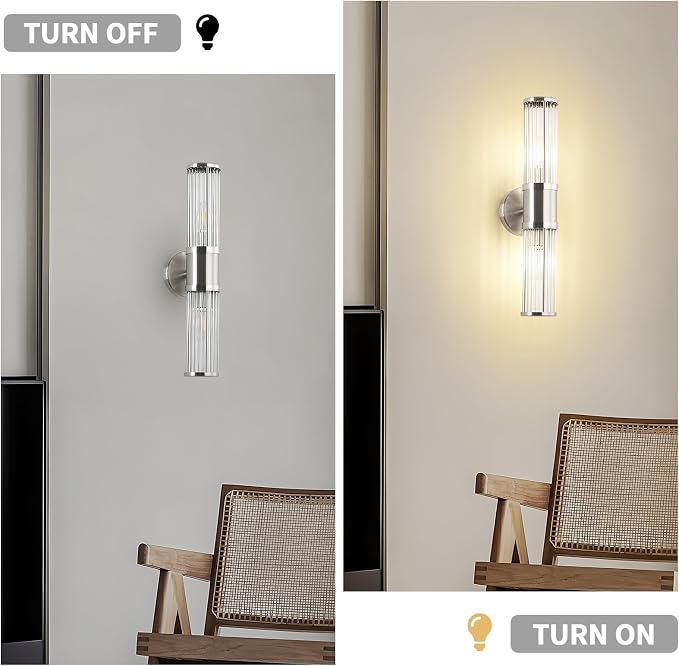 Brushed Nickel Wall Sconce with Glass Rods - Modern Industrial Vanity Light Fixture, E12 Candelabra Base for Bathroom, Bedroom & Hallway (Bulbs Not Included)