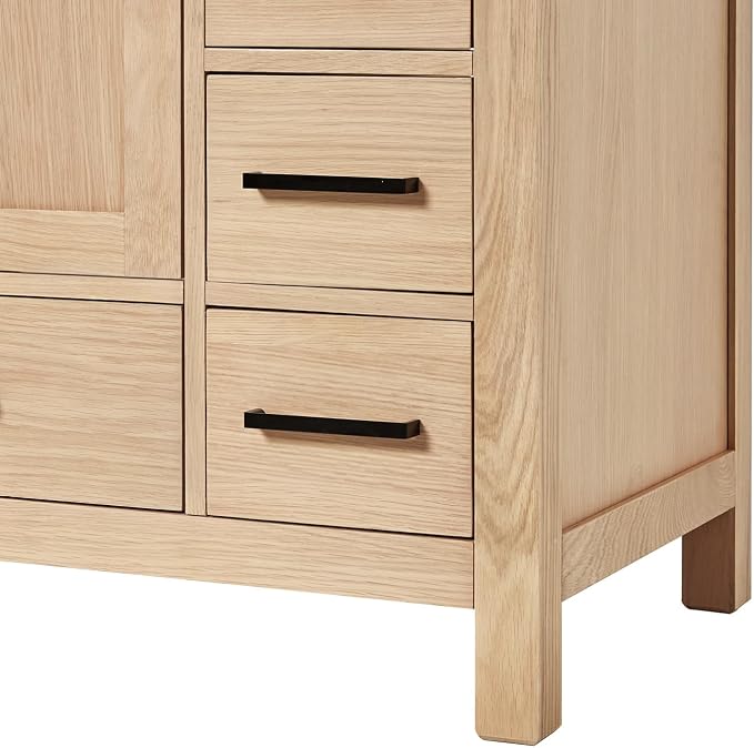 Beckford 48-Inch Oak Bathroom Vanity with Sink, 1.5-Inch Carrara White Marble Countertop & 4" Backsplash, 2 Soft Closing Doors, 9 Dovetail Drawers, Matte Black Hardware