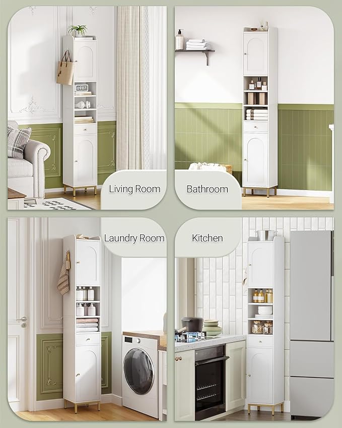 Bathroom Cabinet with Adjustable Shelves & Door, Freestanding Tall Floor Storage Cabinet with Drawer - Narrow Toilet Paper Organizer for Bathroom, White BC29013G