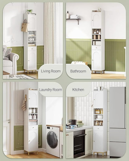 Bathroom Cabinet with Adjustable Shelves & Door, Freestanding Tall Floor Storage Cabinet with Drawer - Narrow Toilet Paper Organizer for Bathroom, White BC29013G