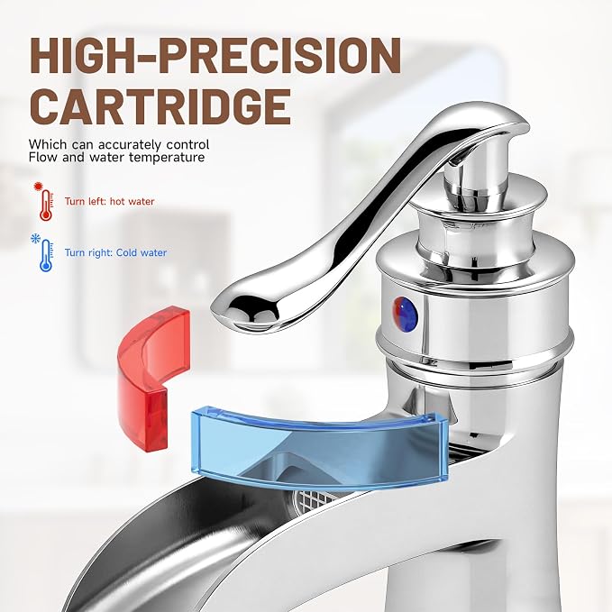 Bathroom Faucet Chrome Waterfall Bathroom Sink Faucets & Parts | with Pop Up Drain Stopper with Overflow Single Handle Single Hole Vanity Commercial Trough Supply Lines Hose Lead-Free