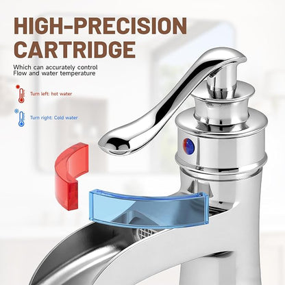 Bathroom Faucet Chrome Waterfall Bathroom Sink Faucets & Parts | with Pop Up Drain Stopper with Overflow Single Handle Single Hole Vanity Commercial Trough Supply Lines Hose Lead-Free