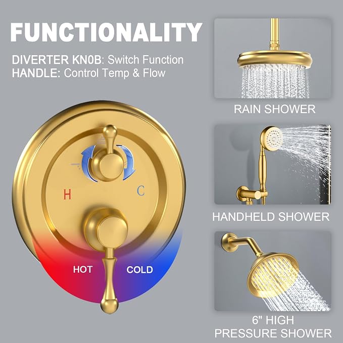Enga Antique Dual Shower Head Faucet Set - 8" Ceiling Mount Rain Shower & 6" Wall-Mounted Vintage Rainfall + Handheld Spray Combo, Brushed Gold