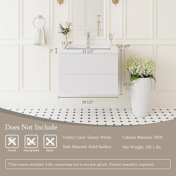Floating Bathroom Vanity with Sink, 30" Wall-Mounted Bathroom Vanity | Resin Top Basin and Soft Close Drawers, No Assembly Required, Glossy White