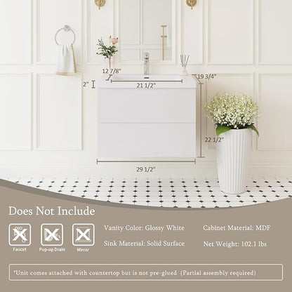 Floating Bathroom Vanity with Sink, 30" Wall-Mounted Bathroom Vanity | Resin Top Basin and Soft Close Drawers, No Assembly Required, Glossy White