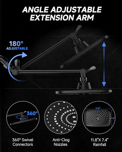Veken 11.8" Black Rain Shower Head with 11" Stainless Steel Exension Arm | Rectangular Rainfall Showerheads, Height & Angle Decor Adjustable, High Pressure Shower Heads, Bathroom Accessories
