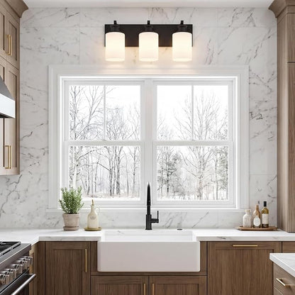 Bathroom Vanity Light, Modern 3 Light Bathroom Light Fixture Over Mirror | Light Fixture Over Sink with White Glass Shade, Black Vanity Lights for Bathroom, E26 Base, 16.5 inch (Bulbs Not Included)