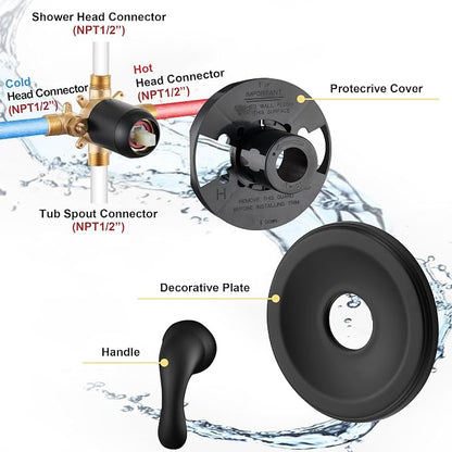 Black Tub Shower Faucet Set - 6 Inch Black Shower Head and Handle Set, High Pressure Bathtub Shower Faucet Set with Rain Shower Head and Tub Spout Single-Spray, Pressure Balancing Valve Included
