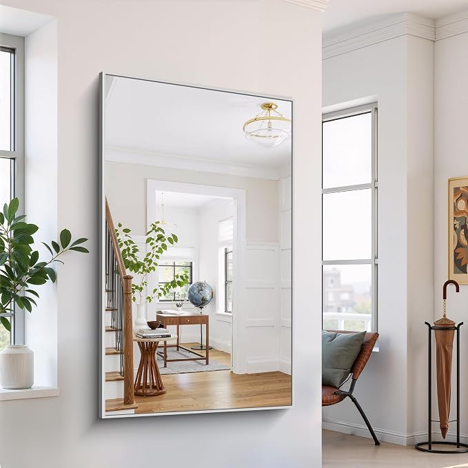 YIROMAN Bathroom Mirror 60"x36", Large Brushed Silver Bathroom Mirror for Over Sink with Aluminum Frame, Rectangular Vanity Mirror with Right Angle, Wall Mirror Hangs Horizontal or Vertical