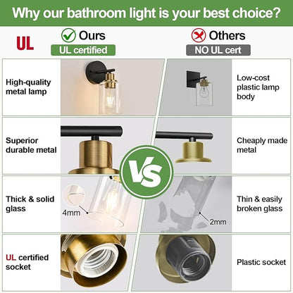 Set of 2 Wall Sconces for Bathroom, Black and Gold Modern Vanity Lights with Clear Glass Shade,Bathroom Wall Lamp for Mirror Kitchen Living Room Hallway Cabinet Porch