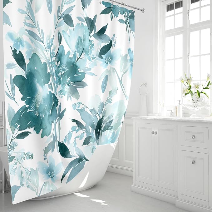 Long Shower Curtain 72x78 Inch, Tall Watercolor Teal Blue Floral Decor | Modern Abstract Flower Bathroom Fabric Long Shower Curtain Set with Hooks
