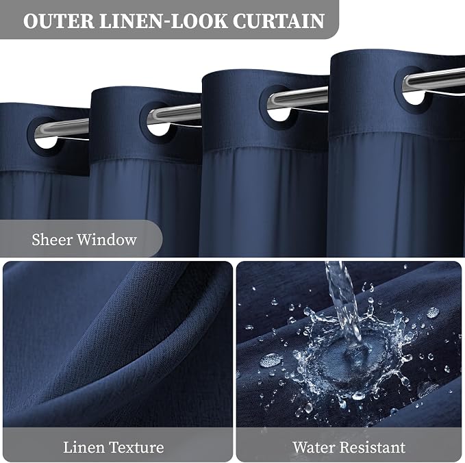 Navy Blue Ringless Linen Look Shower Curtain with Snap in Liner, 72x75 | 3 in 1 Hotel Shower Curtain Set, Removable Liner, Waterproof & Washable, Mesh Top Window, Durable Fabric, Easy to Install