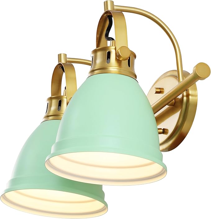 JONATHAN Y 16.25" Mint Green/Brass Gold 2-Light LED Vanity Light, Adjustable Wall Sconce for Bathroom Mirror, Farmhouse Bohemian Kitchen Light, Iron Black Bell Shade (JYL1115D)