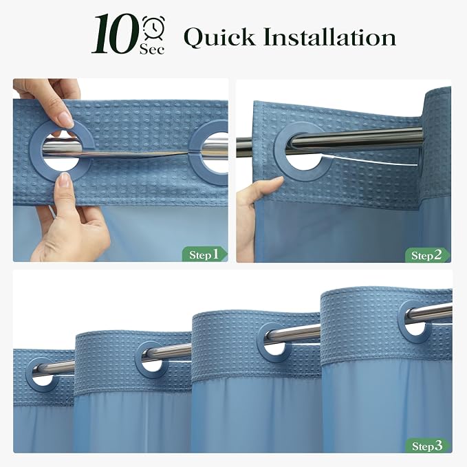 Moonlight Blue Hook Free Waffle Shower Curtain & Snap Liner,72x87 | Less Time to install, 3 in 1 Fabric Shower Curtain and Liner Set with Magnets, Extra Long, Shower Curtains for Bathroom