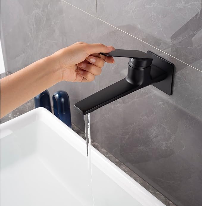 Modern Wall Mount Bathroom Faucet – Matte Black,Solid Brass Single Handle with Flip Aerator (2 Flow Modes), Rough-in Valve for Concealed Installation