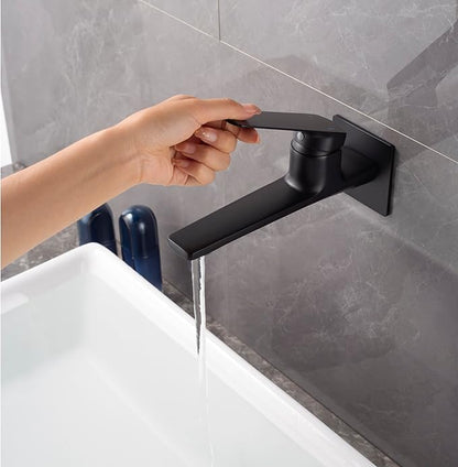 Modern Wall Mount Bathroom Faucet – Matte Black,Solid Brass Single Handle with Flip Aerator (2 Flow Modes), Rough-in Valve for Concealed Installation